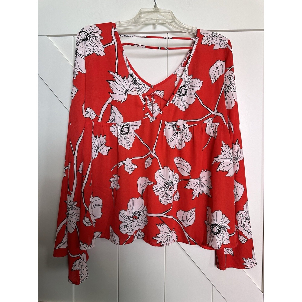 Copper Key‎ Women Red/ White Flower Boho Bell Sleeve Top Open Back XL